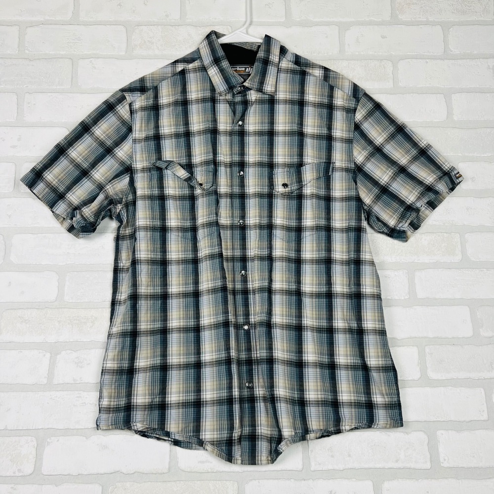 Urban Pipeline Mens Blue Plaid Short Sleeve Western Snap Front Shirt Size M